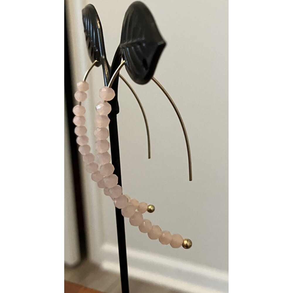 Rose Quartz Bead Threader Earrings Gold Tone